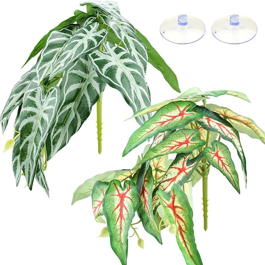 2 Pack Reptile Plants for Terrarium, Artificial Leaves Habitat Decorations with Suction Cups, Terrarium Hanging Plants Vines for Bearded Dragons Lizards Snake Geckos Frogs - red and White