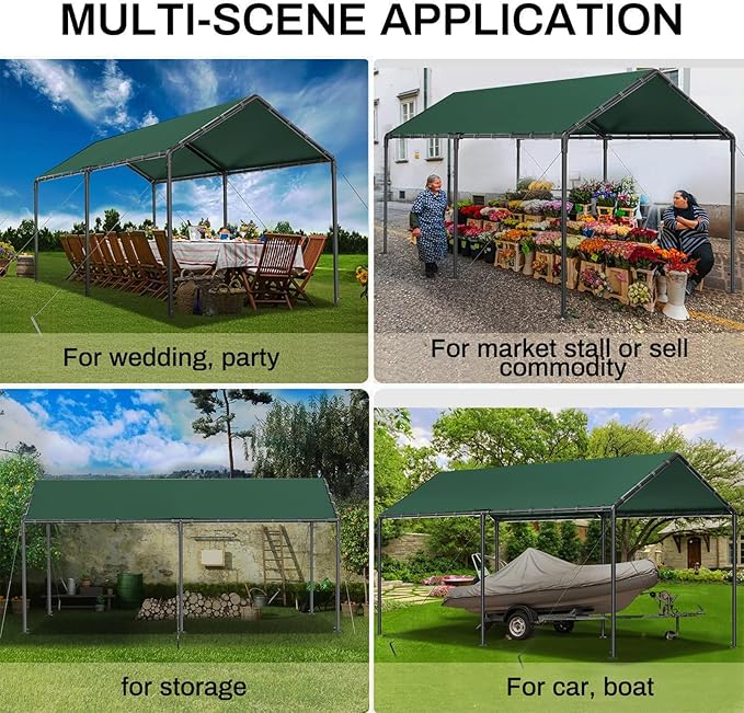 Outdoor Carport 10x20ft Heavy Duty Car Tent, Portable Garage Canopy Storage Shed, Car Shelter, All-Season Tarp Tent for Party (GN)