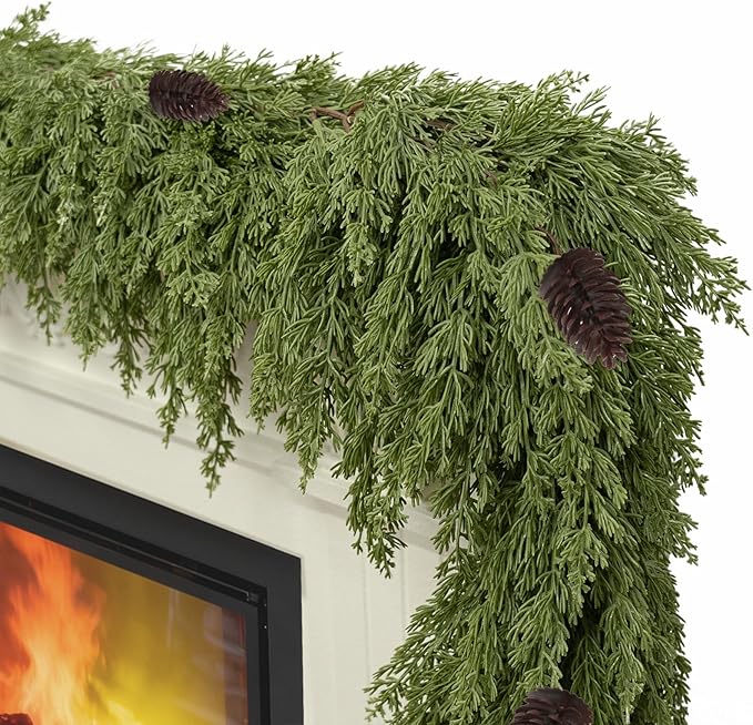 6FT Artificial Cedar Christmas Garland for Mantle Christmas Decorations Real Touch Realistic Greenery Faux Pine Garlands for Xmas Home Decoration Fake Winter Indoor Outdoor Garland Door Decor