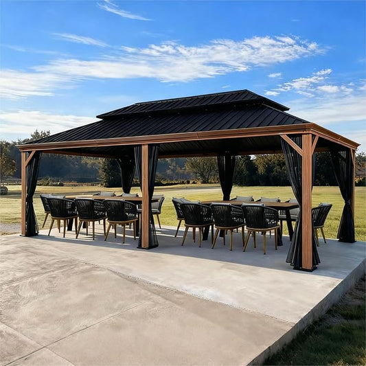 PURPLE LEAF 14' X 24' Outdoor Hardtop Gazebo for Patio Galvanized Steel Double Roof Permanent Canopy Teak Finish Coated Aluminum Frame Pavilion Gazebo with Netting