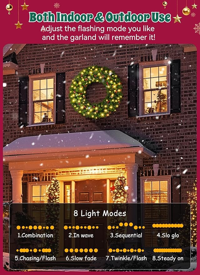 Brightown 48-inch Large Christmas Wreath with Timer and Memory Function, Featuring 200 Warm White LED Lights, PVC Pine Needles, Leaves, Red Berries and Cones, for Doors, Walls and Mantels, Plug-in
