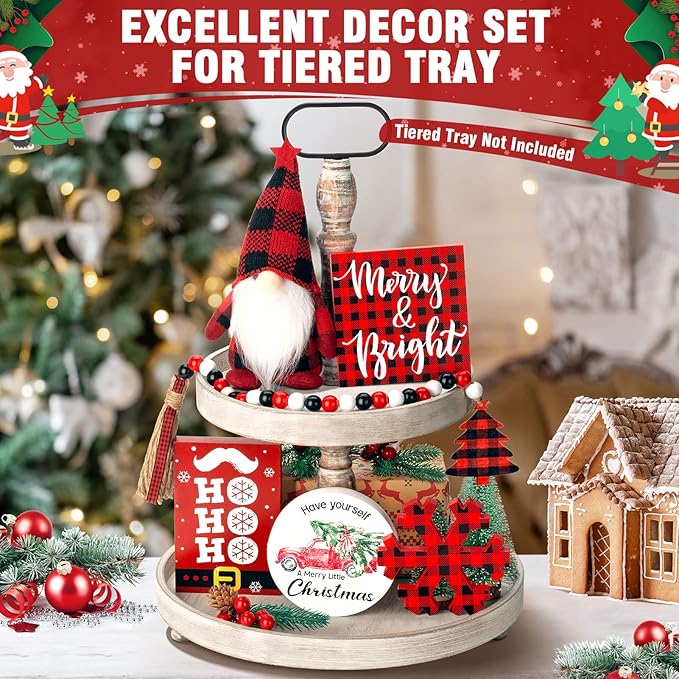 Christmas Tiered Tray Decor 6 PCS Xmas Decorations for Home - Xmas Table Decor Wooden Signs & Buffalo Plaid Gnome Plush Set - Farmhouse Christmas Tray Decoration Kitchen Table Mantel