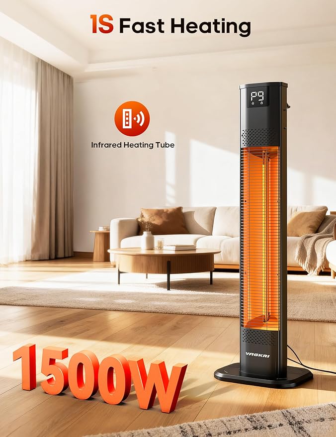 VAGKRI Outdoor Heater, 1s Instant Heating 42in Infrared Patio Heaters, 9 Heat Levels, 24H Timer, IPX5 Waterproof Electric Patio Heaters for Garden, Deck, Restaurant, Garage, Indoor & Outdoor Use