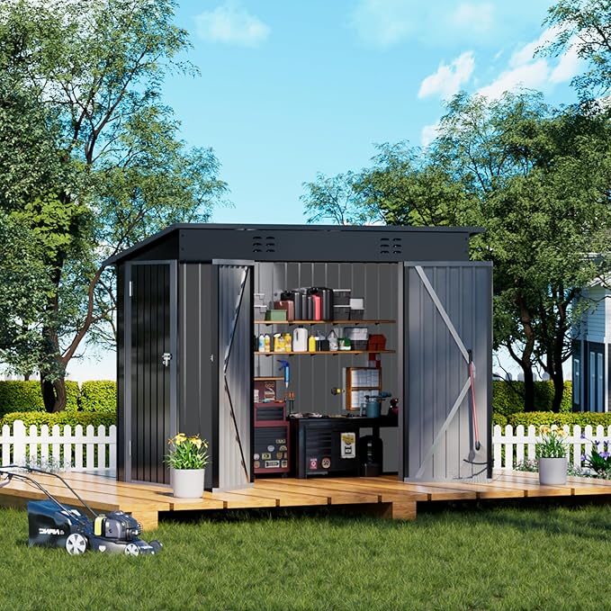 COMHOMA Shed Outdoor Storage Shed Metal,Lockable Doors Tool Sheds with Sloping Roof,Steel Garden Shed with Air Vent for Backyard,Patio,Lawn,Poolside (Grey, 8'*4')
