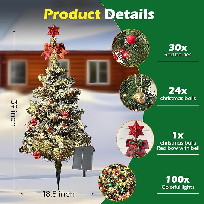 2-Pack 3.2FT Solar Christmas Tree Lights Outdoor Waterproof, 100LED 8 Lighting Modes Xmas Ball & Red Berry Outdoor Christmas Tree, Christmas Decorations Outdoor for Holiday Display Courtyard Decor
