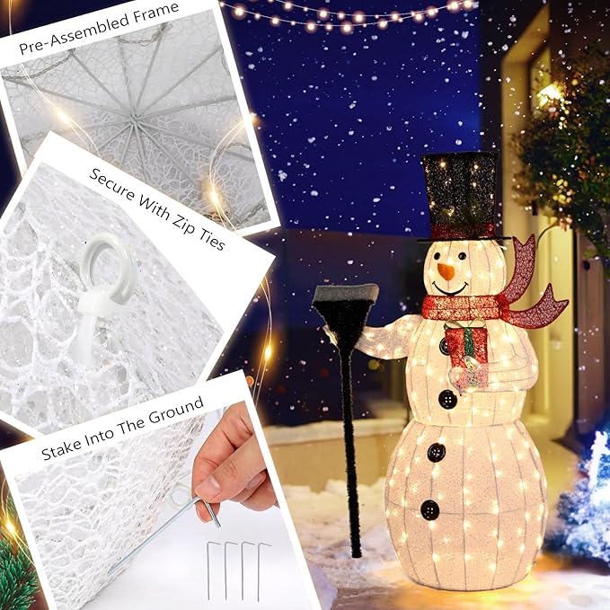 VINGLI 5ft Lighted Christmas Snowman Outdoor Decorations, with Mesh Cloth and Broom, Pre-lit 200 LED Lights Snowman Christmas Ornament Indoor Home Yard Decor