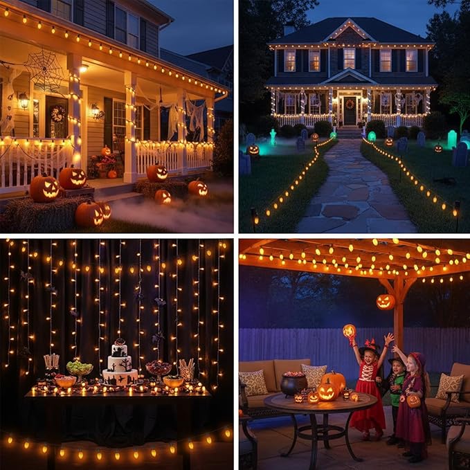 25ft Halloween LED String Lights, 25 C7 Ceramic Orange Bulbs, Energy-Efficient, Waterproof & UL Certified for Outdoor/Indoor Decoration, Spooky Halloween Party Lights with Spare Bulbs