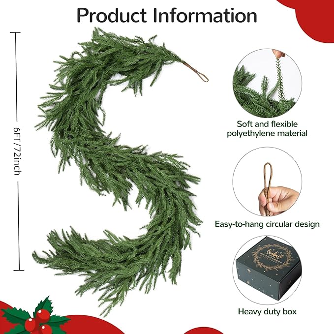 6FT Double Fullness with 88 Tips Norfolk Pine Garland Realistic - 72" Thick Deluxe Faux Christmas Greenery Garland Artificial Green Winter Pine Garlands for Mantle Staircase Table