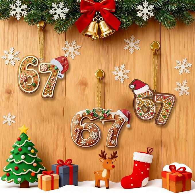 67 Christmas Ornament, Funny 67 Ornament Decor Christmas Tree Hanging Ornaments,Six Seven Ornament, 67 Decorations Meme Grandkid Birthday Gift for Younger Generations (3Pcs)