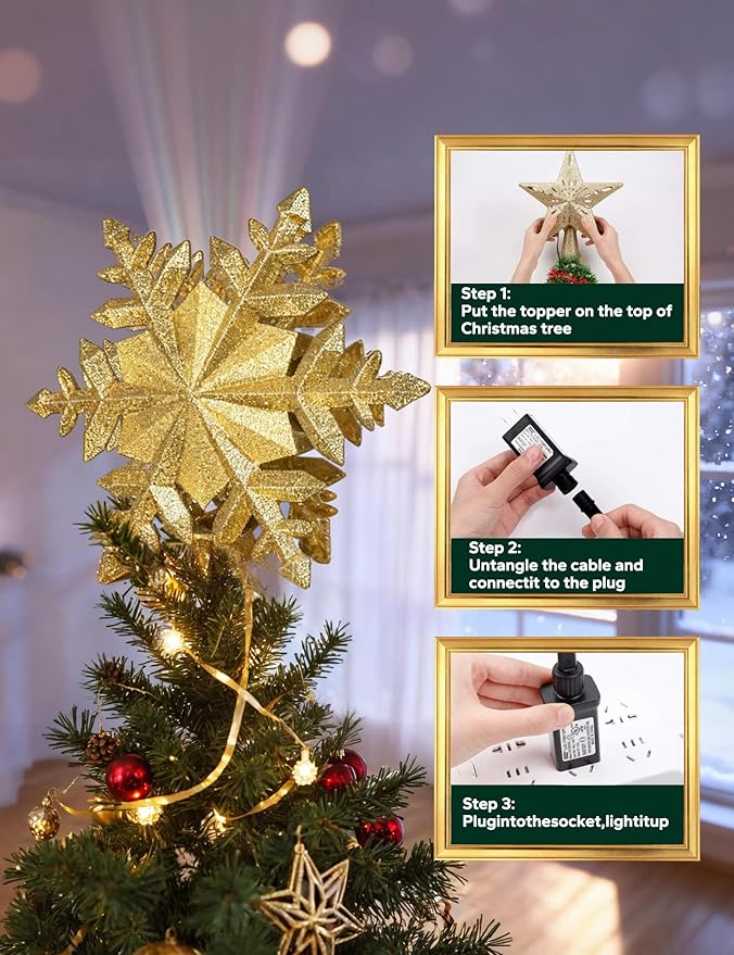 DG-Direct Christmas Tree Topper Lighted with 6 Projected Patterns, Led Rotating Magic Snowflake, 3D Hollow Glitter Lighted Silver Snow Tree Topper for Christmas Tree Decorations, Gold