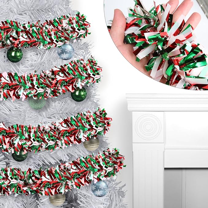 50ft Metallic Tinsel Twist Garland - Christmas Tree Decorations in Red, Green & White