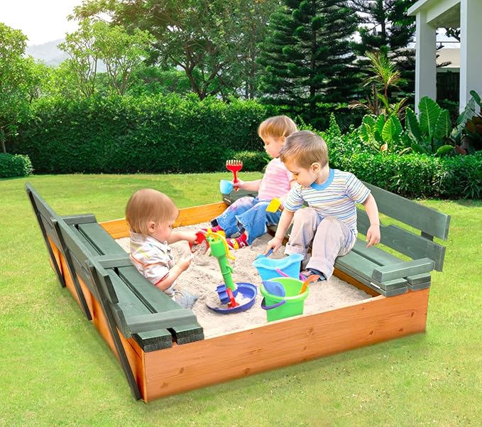 Badger Basket Wooden Sandbox with Lid & Benches - Large Outdoor Sandbox for Kids Made of Cedar - Foldable Cover, Seating & Backyard Playset - Natural/Green