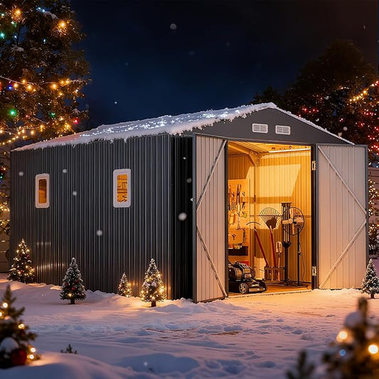 12x10 FT Metal Sheds & Outdoor Storage: Heavy Duty Garden Sheds with Dual Transparent Roof Panels, DIY-installable Windows & Lockable Doors, Weatherproof Tool Shed for Backyard, Garden, Patio, Grey