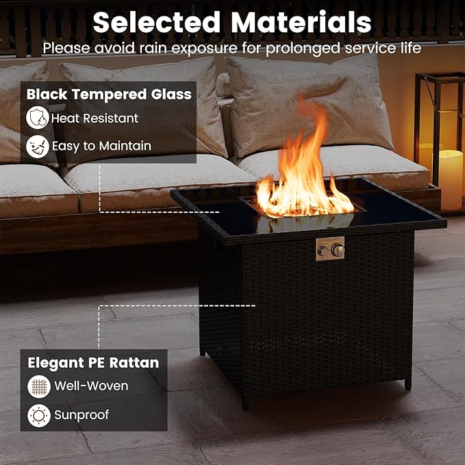 Tangkula 32.5 Inch Propane Fire Pit Table, Outdoor Rattan Gas Firepit with Tempered Glass Tabletop & Stainless Steel Burner, Square Fire Pit with Lava Rocks & Protective Cover for Outside Patio