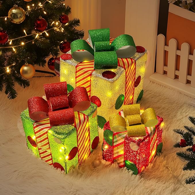 Christmas Lighted Gift Boxes: 3Pack Boxes with led Lights, Pre-lit Present Box with Bowknot Holiday Decorations, Grinchmas Table Centerpieces for Indoor Outdoor Yard Decor