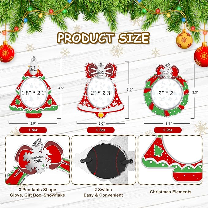 MGparty 3 Pack Christmas Picture Frame Ornaments Xmas Metal Hanging Photo Frame with Pendants 2025 Holiday Keepsake Gifts Christmas Tree Decorations