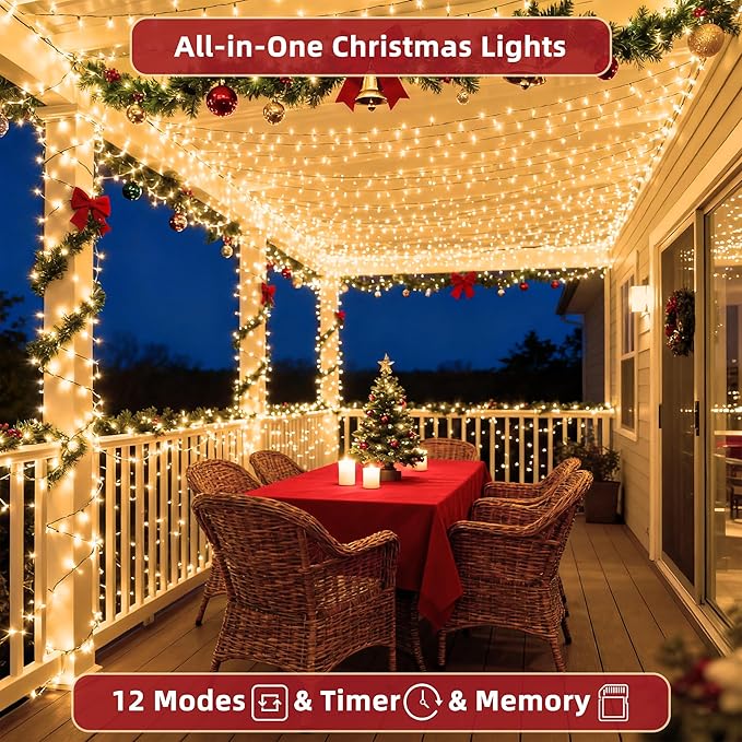 240ft Outdoor Christmas Lights, 750 LED Super Long String Lights 12 Modes & Timer Memory, Dimmable Outsite Waterproof Light Strings for Xmas Tree Garden Wedding Party Holiday Decorations Warm White