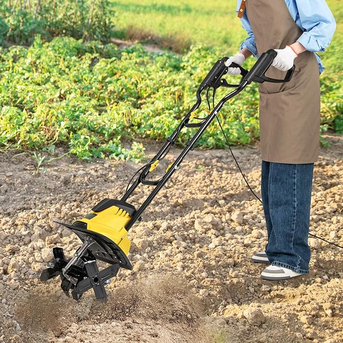 Goplus Corded Electric Tiller Cultivator, 10 Amp Powerful Foldable Garden Rototiller w/ 14 Inch Tilling Width & 9 Inch Working Depth, Safety Lock, Gardening Machine for Lawn Soil Digging