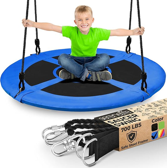 SereneLife Saucer Swing with Tree Hang Kit, 40¡± Outdoor Tree Swing, 2 Adjustable Hanging Rope Straps and Center Swivel Spinner for Kids (Blue)