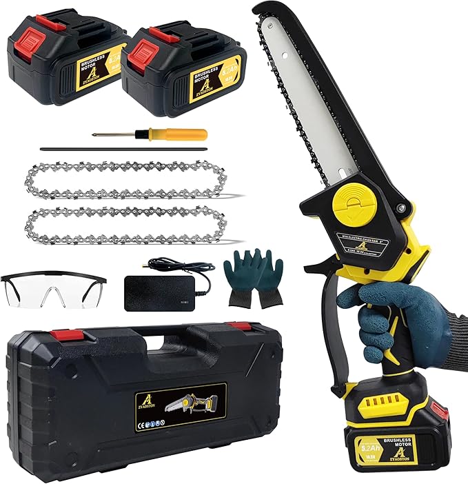 Mini Chainsaw Cordless 8 Inch with 2x 5200mAh Batteries, Portable Electric Chain Saw, Automatic Oiler, Battery Powered Small Handheld Saw,Trees Branches Trimming, Wood Cutting (Yellow)