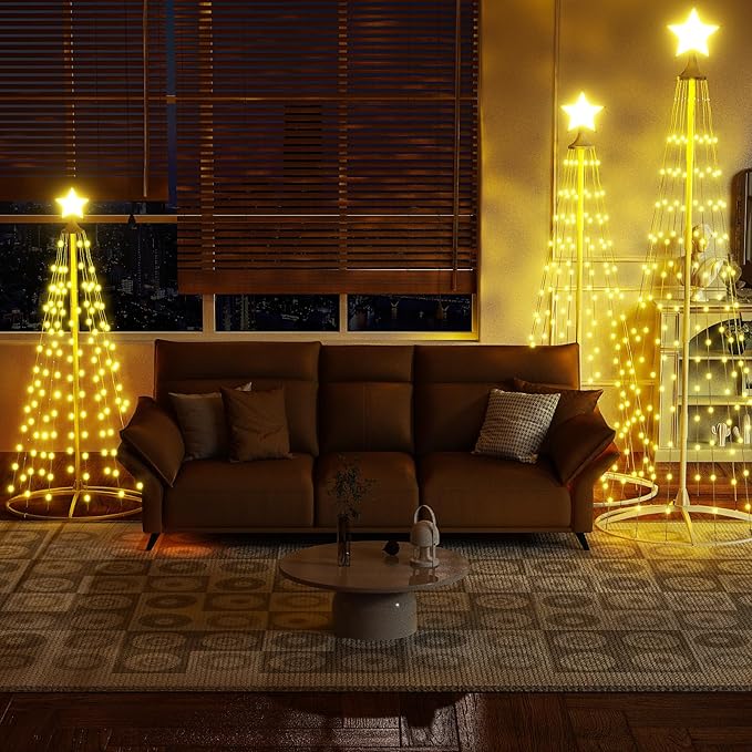 Lamerge 3pcs Christmas Cone Tree Lights(4ft+5ft+6ft), Christmas Tree Decorations Light Up Tree, 448 Warm Lights,Artificial Christmas Decorations for Indoor Outdoor Holiday Party Decor