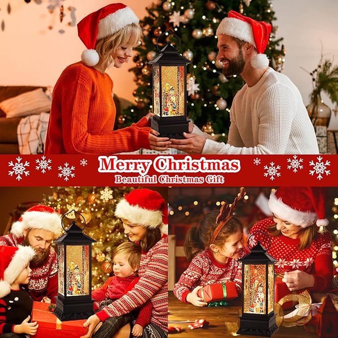 Snow Globes Christmas Lantern, Christmas Decorations Musical Snow Globe Lantern, LED Lighted USB or Battery Operated Spinning Water Glitters Lighted Singing Lantern Christmas Home Decor and Xmas Gift