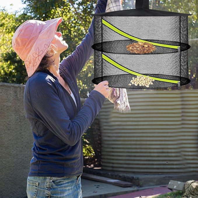 2 Layer Herb Drying Rack, Hanging Mesh Net, Foldable Plant Drying Rack with Diagonal Zipper, Garden Trimming Shears and Hooks, for Drying Herbs Plants, Fruits, Seafood, Clothing(2 Layers-23.62'')
