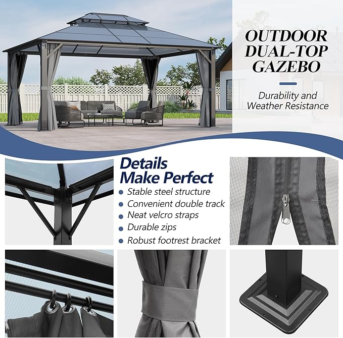 GARTOO 12x16FT Polycarbonate Hardtop Gazebo with Double Roof - Heavy-Duty Steel Frame Gazebo with Breathable Netting & Privacy Curtain for Patio, Porch, Garden, Lawn, Deck, Backyard