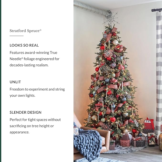 Balsam Hill Stratford Spruce - Slim Artificial Christmas Tree with True Needle Foliage & Premium Stand for Small Spaces, Unlit, 6ft 6in