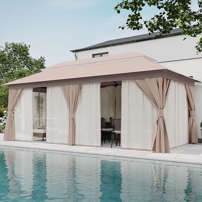 LAUSAINT HOME Semi-Permanent Patio Gazebo 10'x20' with Expansion Bolts, Outdoor Heavy Duty Party Tent with Double Roofs, Nettings and Privacy Screens for Backyard, Garden, Lawn, Champagne Khaki
