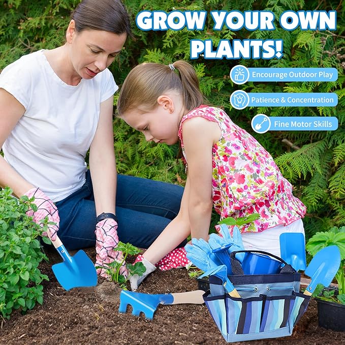 Kids Gardening Tools Set, Toddler Play Kit Child Outdoor Toy with Gloves, Watering Can, Metal Shovel, Rake, Spade & Storage Bag, Backyard Sand Digging Birthday for Boys Girls 3 4 5 (Blue)