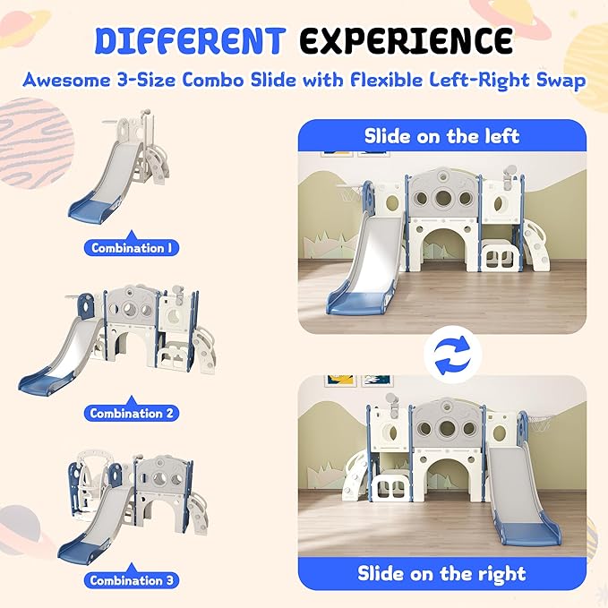 8 in 1 Toddler Slide, Outdoor Indoor Playset for Kids Baby Age 1 2 3, Childs Climber Slide with Storage Space and Non-Slip Steps, Basketball Hoopa and Telescope, Blue & White