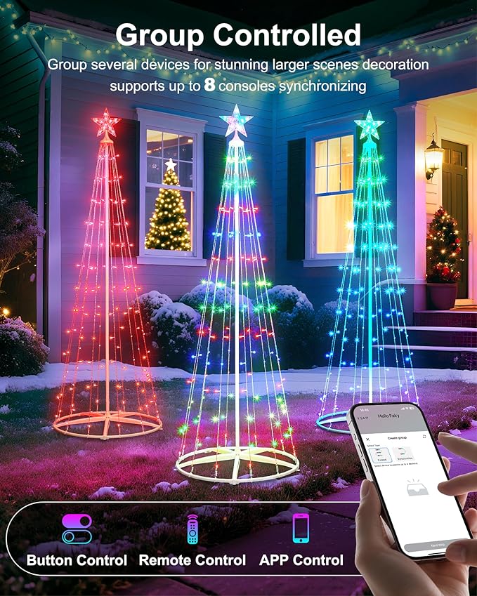 2 Pack Smart Christmas Cone Tree Light - 5FT 130 LED & 6FT 154 LED Artificial Tree with Star Topper, Music Sync, DIY RGB Light Show for Indoor/Outdoor Decorations