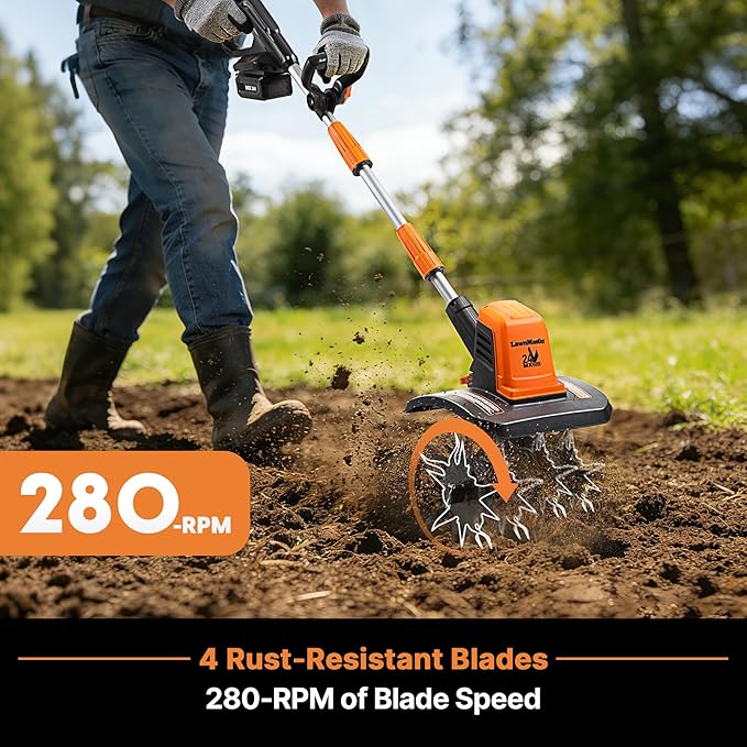 LawnMaster 24V MAX Cordless Tiller Cultivator, Lightweight Electric Garden Tiller, with 1* MAX 24V 4.0ah Battery&Charger, 4* Blade, 9In Tilling Width & 7In Depth for Weeding, Gardening & Cultivation