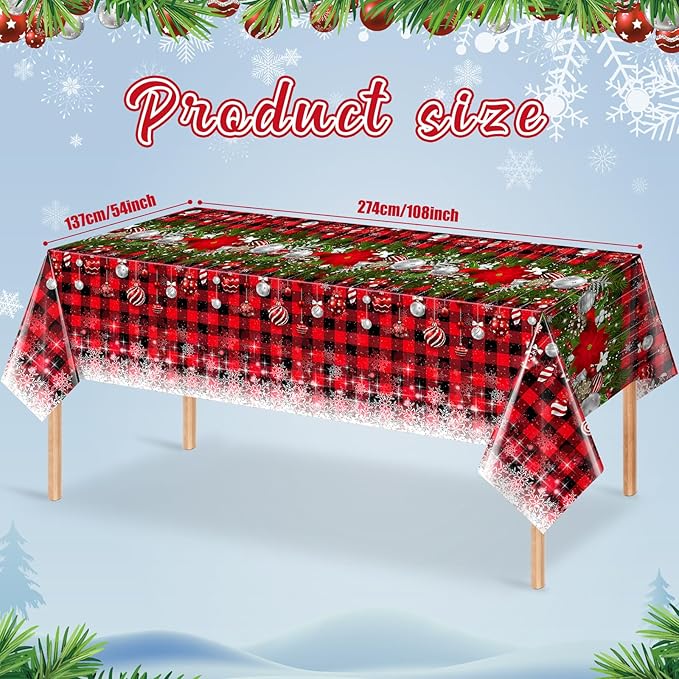 12Pcs Christmas Buffalo Plaid Snowflake Tablecloths,Plastic Red and Black Checkered Rectangle Christmas Tree Color Ball Table Cover for Winter Xmas New Year Holiday Party Decorations,54x108 inch