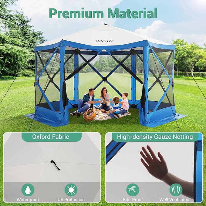 COBIZI 12x12 Pop up Canopy Tent, Gazebos on clearance with 5 removable sidewalls & mosquito net for Camping, Outdoor patio screened gazebo, Portable Hub Tent with Carrying Bag & Stakes, Blue(Upgraded)