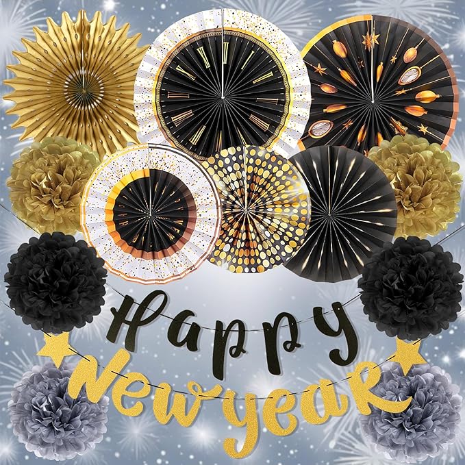 14 Pcs 2026 New Years Eve Party Supplies, with Pre-strung Happy New Year Banner, Hanging Paper Fans 2026 New Years Eve Decorations, Black and Gold Hanging Decor for Happy New Year Party