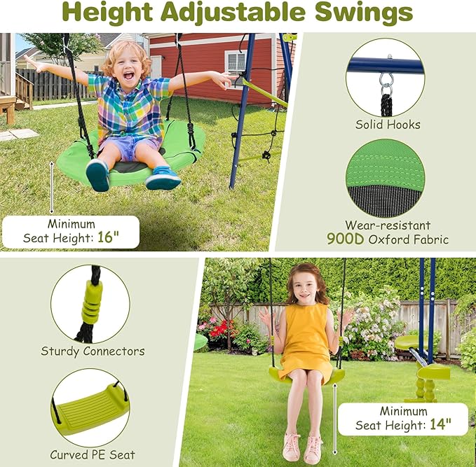Costzon Swing Sets for Backyard, 6 in 1 Heavy-Duty Metal Swing Set with 2 Swings, Glider, Basketball Hoop, Climbing Ladder and Net, Playground Sets for Backyards, Outdoor Playset for Kids 3+ (Green)