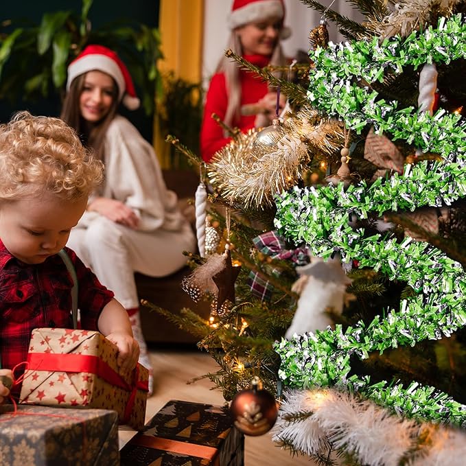 177 Feet Christmas Tinsel Garland Metallic Shiny Hanging Christmas Tree Tinsel Garland Ornaments for Indoor Outdoor Party Wedding Holiday (Lime Green White Silver)