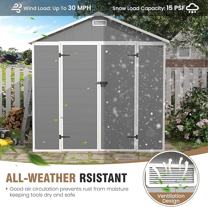 Amopatio 8x6 FT Storage Shed, Resin Outdoor Shed with Floor Included, Plastic Sheds Outdoor Storage for Bike, Garden Tools, Sheds & Outdoor Storage with Lockable Door, Window & Vents, Grey & White