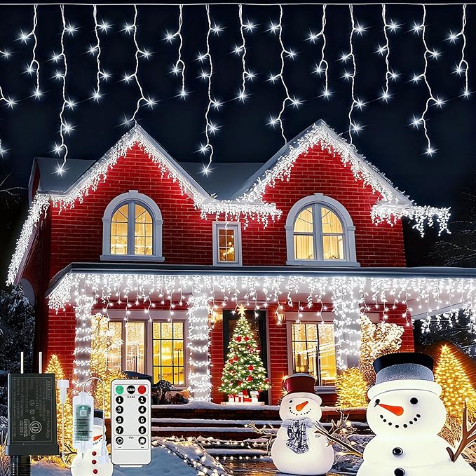 Icicle Lights for Outside, 82ft 880 LED Icicle Christmas Lights Outdoor Waterproof, 176 Drops with Remote, 8 Modes & Dimmable, Timer for Christmas, Wedding, Party, House, Roof Decoration, White