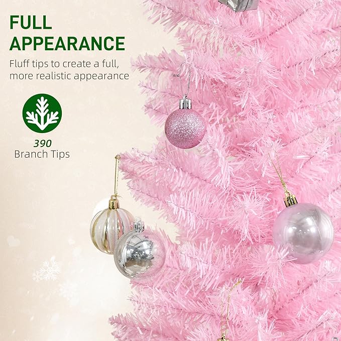 HOMCOM 6' Artificial Pencil Christmas Tree, Slim Xmas Tree with 390 Realistic Branch Tips and Plastic Stand, Pink