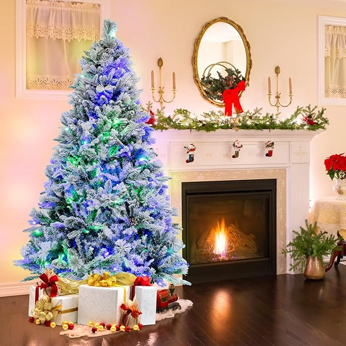GOFLAME 6 FT Artificial Christmas Tree with Pine Needles, Snow Flocked Xmas Tree with 850 PE & PVC Branch Tips, 240 LED Lights & 34 Pine Cones, Hinged Decoration Tree with 8 Lighting Modes