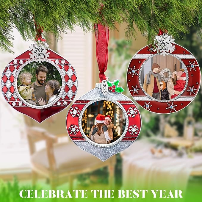 2025 Christmas Tree Ornaments 3 Piece Picture Frame Hanging Ornament Decorative Holiday Keepsake Gift Snowflake Pendant with 2” Photo Frame Insert for Picture of Pet (3 Piece Gift Set)