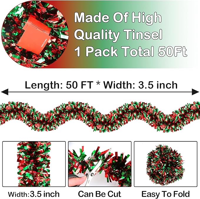 50FT Christmas Tinsel Garland - Metallic Tinsel Twist Garland for Christmas Tree Decorations, Xmas Tree Decor for Holiday Home Indoor Outdoor Party Supplies (Green and Red)