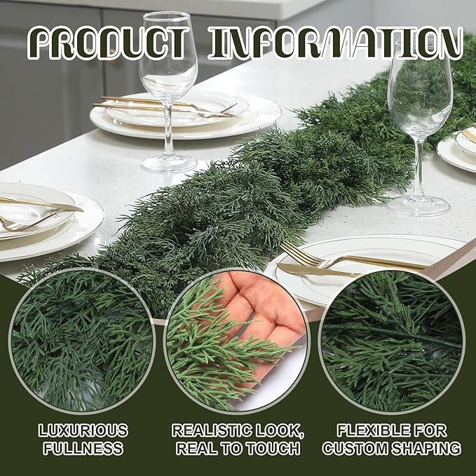Dingion 1 Pcs 6 ft Christmas Cedar Garland - Artificial Realistic Green Faux Cedar Pine Garland Soft and Thick for Home Table, Mantle, Wall, Door, Indoor & Outdoor Christmas Party Decorations