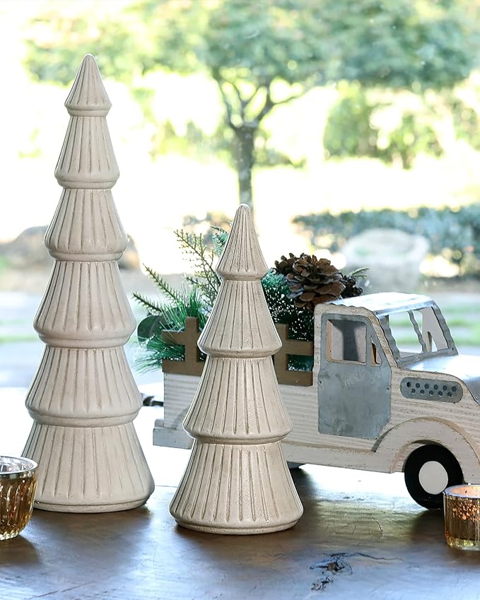 WONDROUS' DECO Wooden Christmas Tree Figurine Decor, Set of 2 White Christmas Tree Table Centerpieces, Small Distressed White Xmas Trees Set Decoration for Vintage Mantle Indoor