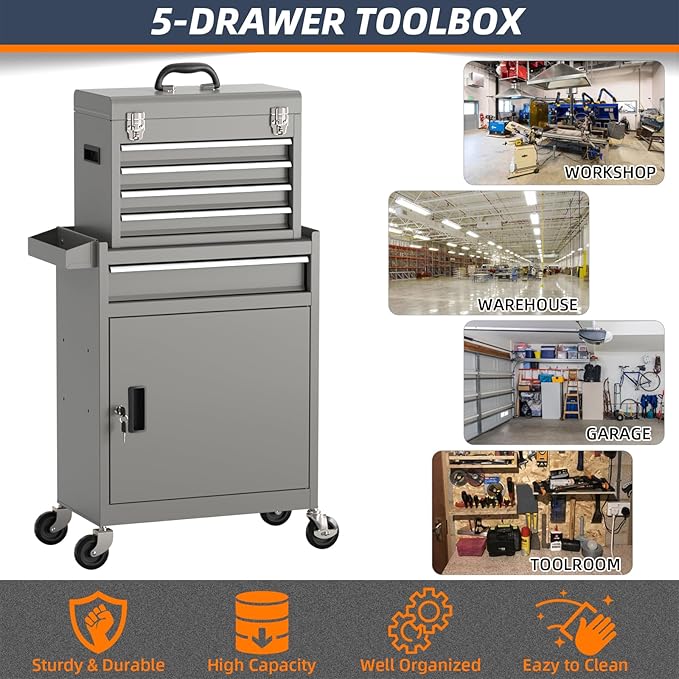 5-Drawer High Capacity Rolling Tool Box, Removable Cabinet Storage Tool Chest with Wheels and Drawers, Detachable Toolbox with Lock for Mechanics Garage Workshop and Tool Room (Grey)