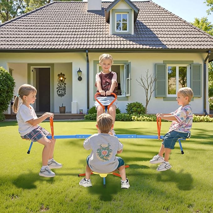 VEVOR Seesaw Teeter Totter for Kids, 110 lbs Load Capacity per Seat, Sit and Spin Teeter Totter with 4-prong Support Legs, Playground Equipment with Swiveling 360 Degrees Rotating for Aged 3+, 4 Seats