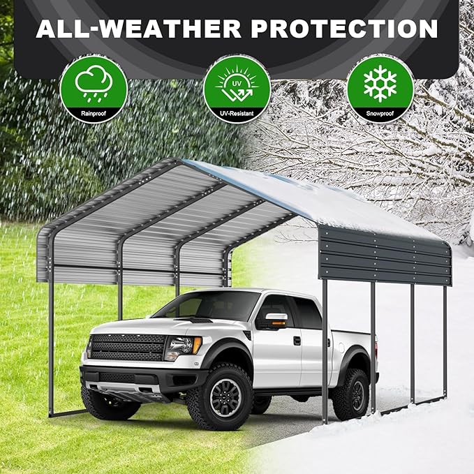 10x15 FT Metal Carport, Outdoor Garage Car Shelter Shade with Galvanized Metal Roof, Heavy Duty Car Port for Car, Truck and Boats, Dark Gray